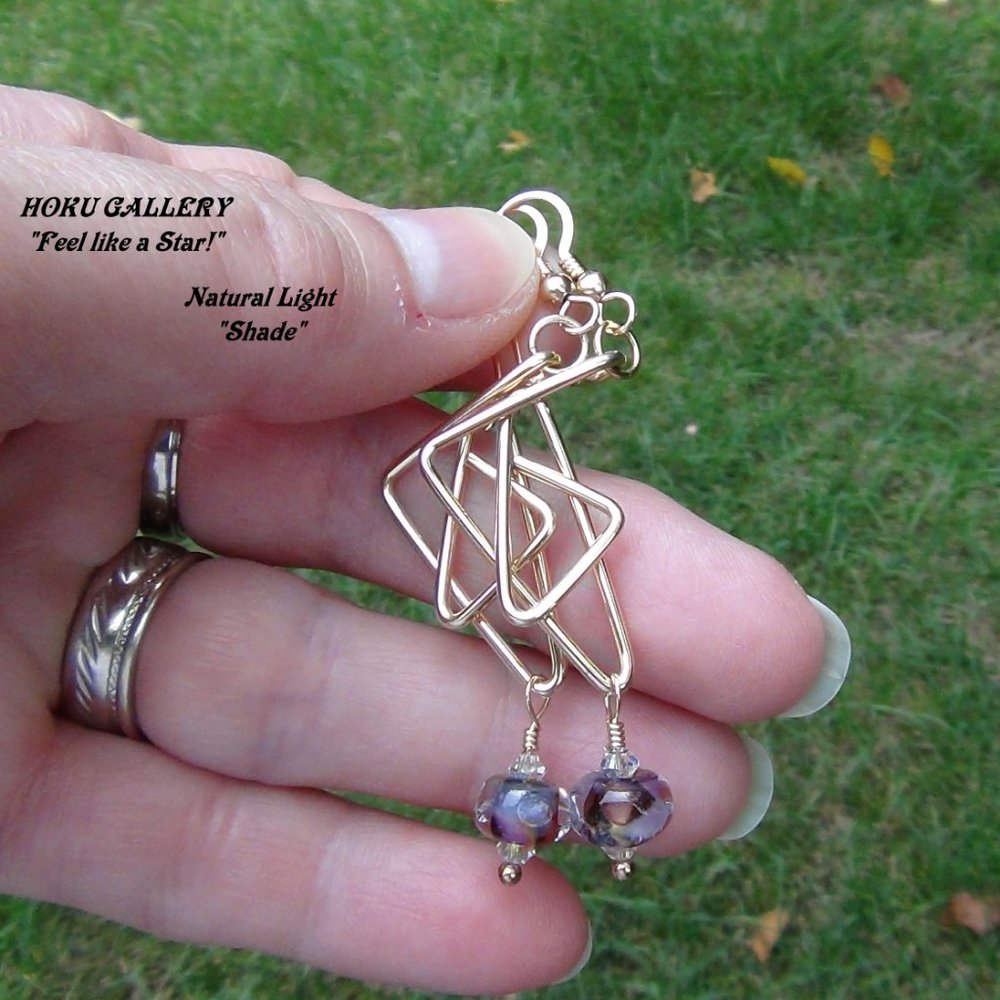 NWOT Purple Lampwork Glass Earrings Swarovski Crystals 14K GF Wire Handmade 2.5"